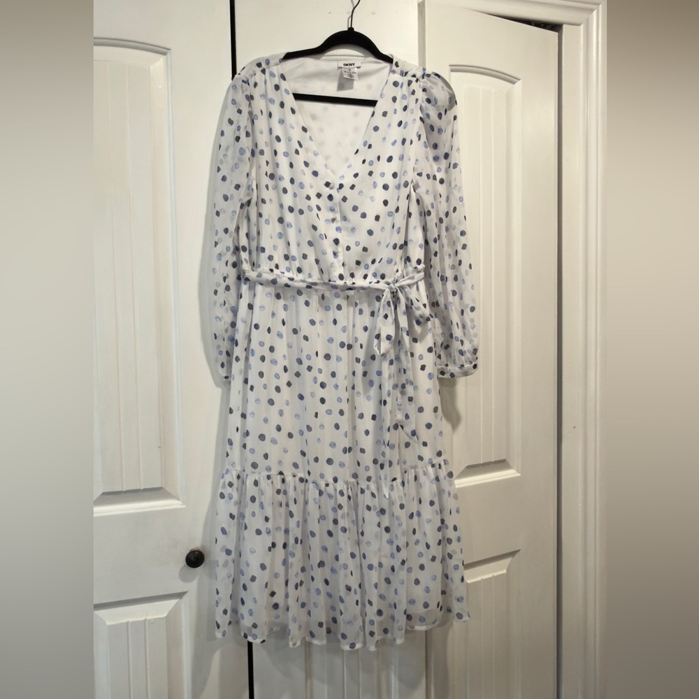 DKNY White and Blue Polka Dot Long Sleeve Dress